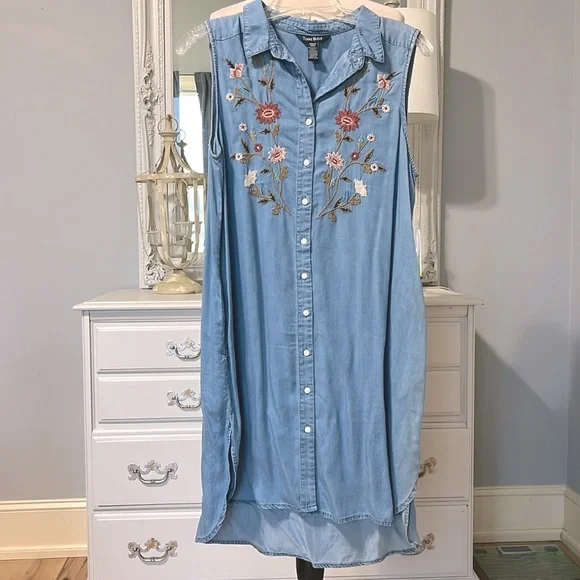 Terre Bleue Summer Embroider Midi Denim Look Dress Casual Lightweight Womens S - Picture 2 of 11